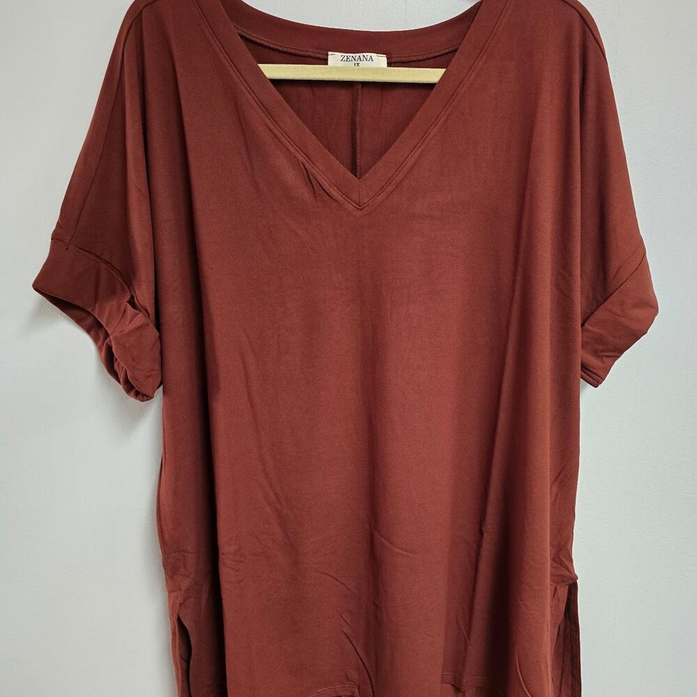 Zenana Super Soft High Low Hem V Neck Top - Dark Rust T-Shirt 1X NEW!